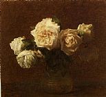 Henri Fantin-latour Canvas Paintings - Yellow Pink Roses in a Glass Vase